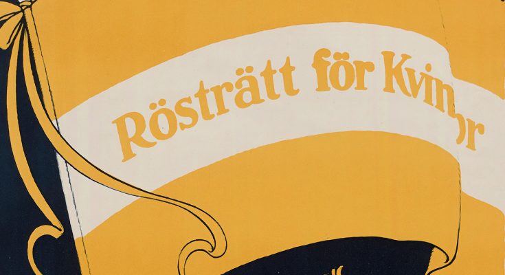 En illustration av en gulvit flagga och texten Rösträtt för kvinnor.