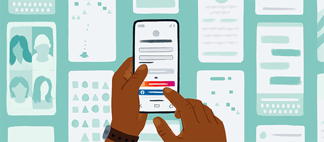 Händer som håller i en telefon och använder Facebook-inloggning för att logga in på en integrerad partnerwebbplats.