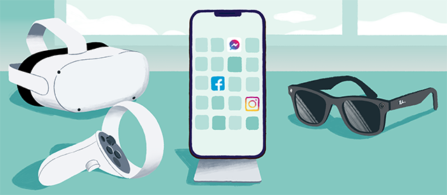 Ett Meta Quest, en telefon som visar apparna Facebook, Instagram och Messenger samt ett par Ray-Ban Stories-glasögon som ligger på ett bord.