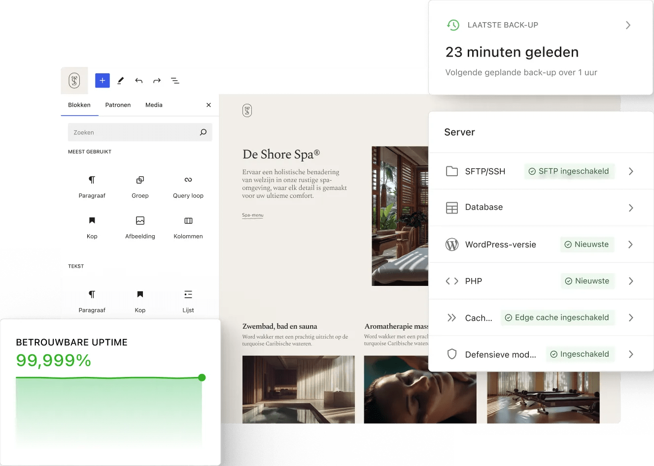 De WordPress-editor toont een spa-landingspagina, terwijl overlappende statuskaarten back-uptijd, serverinstellingen en een betrouwbare uptime-statistiek weergeven in een overzichtelijke, minimale dashboard-werkruimte.