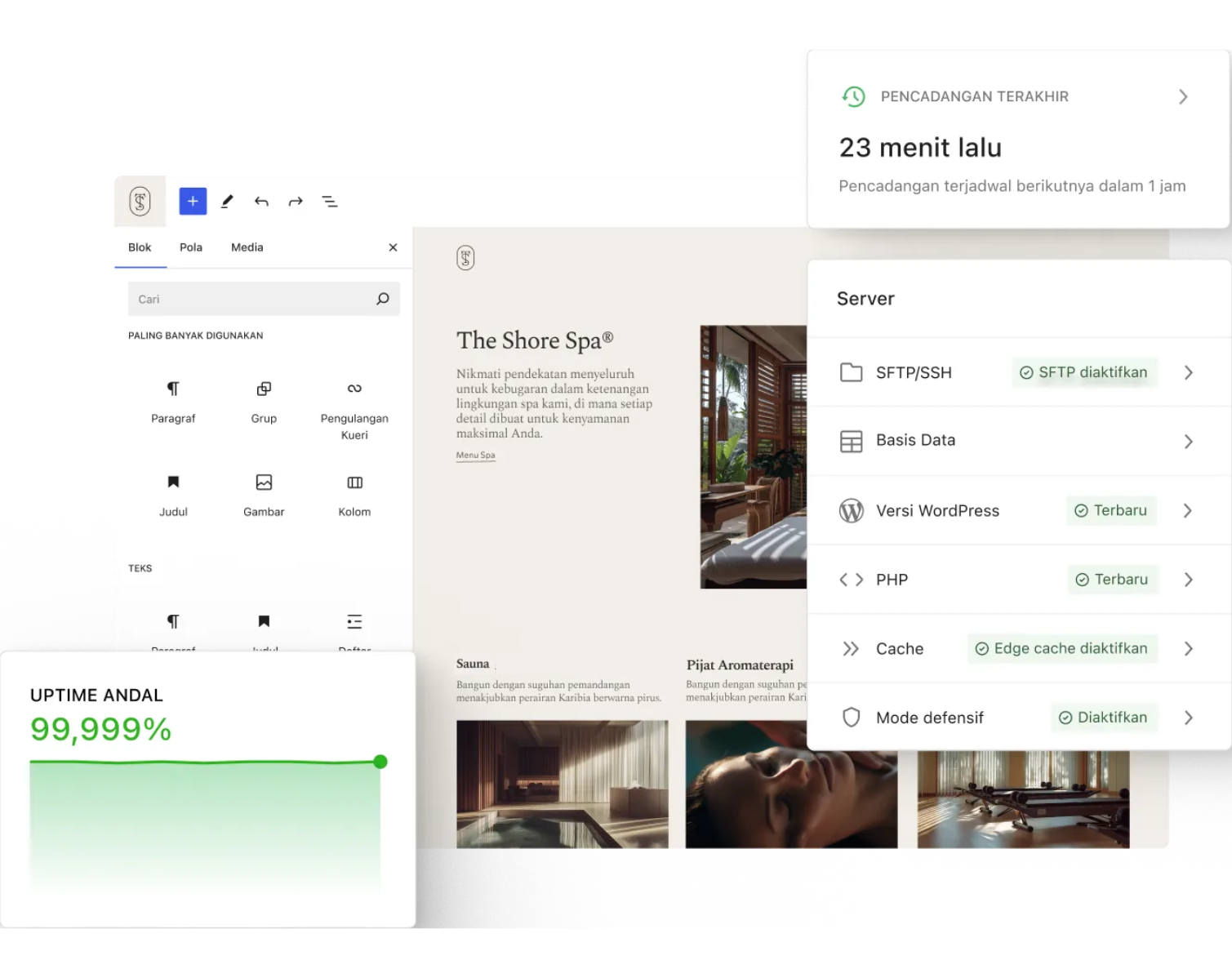 Editor WordPress menampilkan halaman arahan spa sementara kartu status yang bertumpang tindih menampilkan waktu pencadangan, pengaturan server, dan metrik waktu aktif yang andal dalam ruang kerja dasbor yang bersih dan minimal.