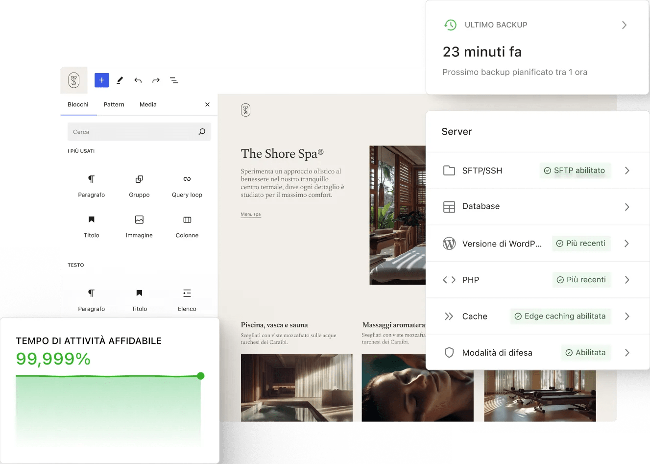 L'editor WordPress mostra una landing page per una spa, mentre le schede di stato sovrapposte mostrano il tempo di backup, le impostazioni del server e una metrica di uptime affidabile in uno spazio di lavoro dashboard pulito e minimale.