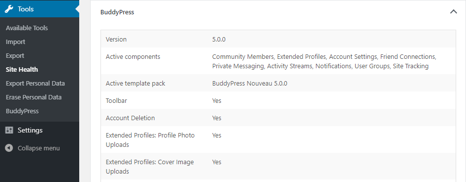 Screen capture of the BuddyPress section of the Site Health screen.