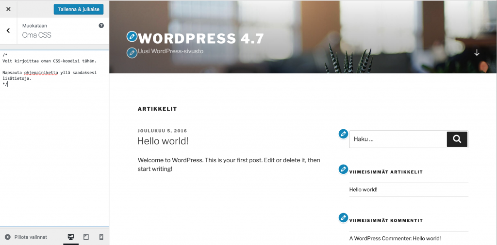 WordPress 4.7:n mukautin-näkymä