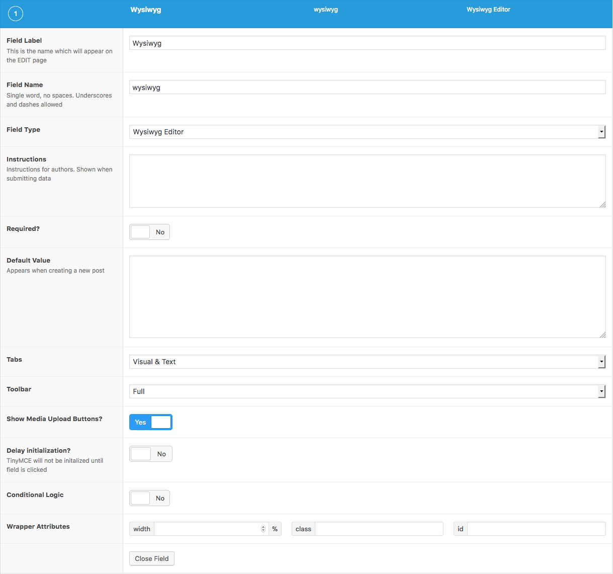 List of settings available when creating a Wysiwyg field