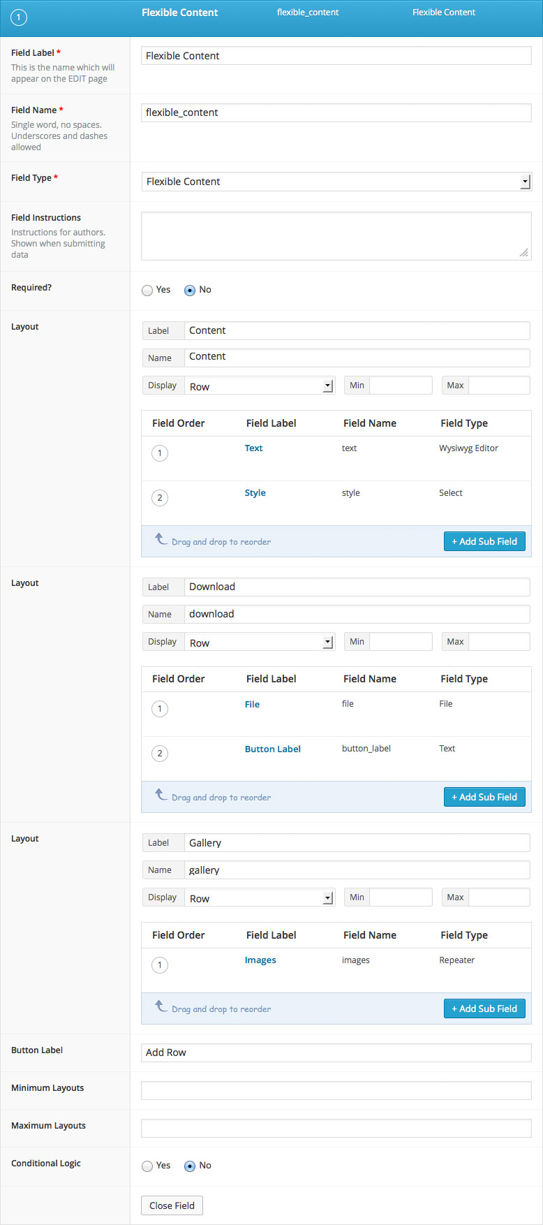 List of field settings shown when setting up a Flexible Content field