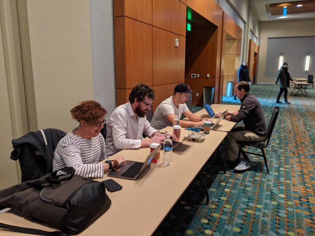 Putting the final touches on the WordPress 5.0 release: Tammie Lister, Gary Pendersgast, Jonathan Desrosiers and William Earnhardt at WordCamp US 2018