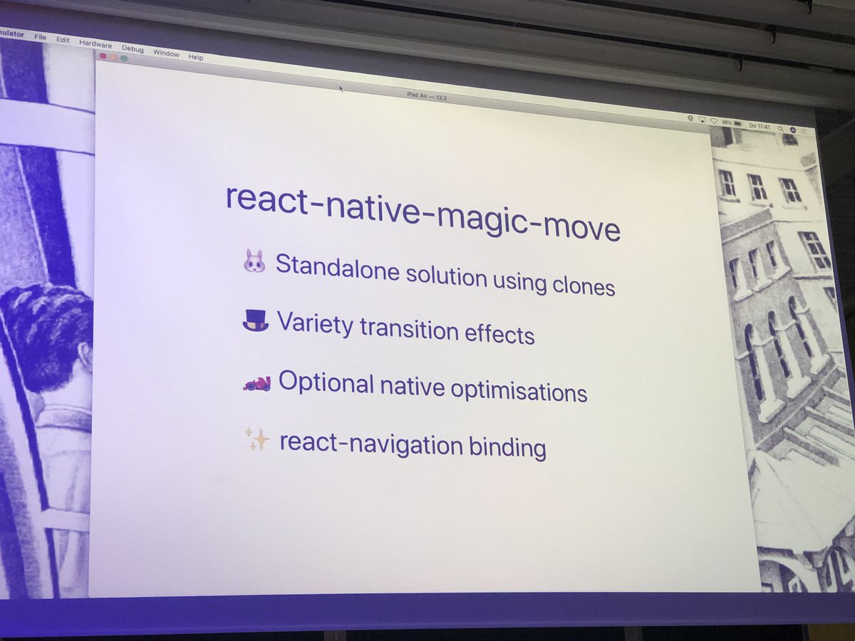 React native magic move
Standalone solution using clones
Variety transition effects
Optional Native optimizations
React-navigation binding