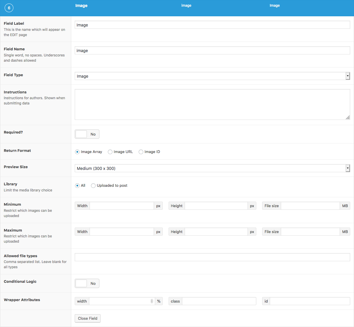 List of field settings shown when setting up an Image field