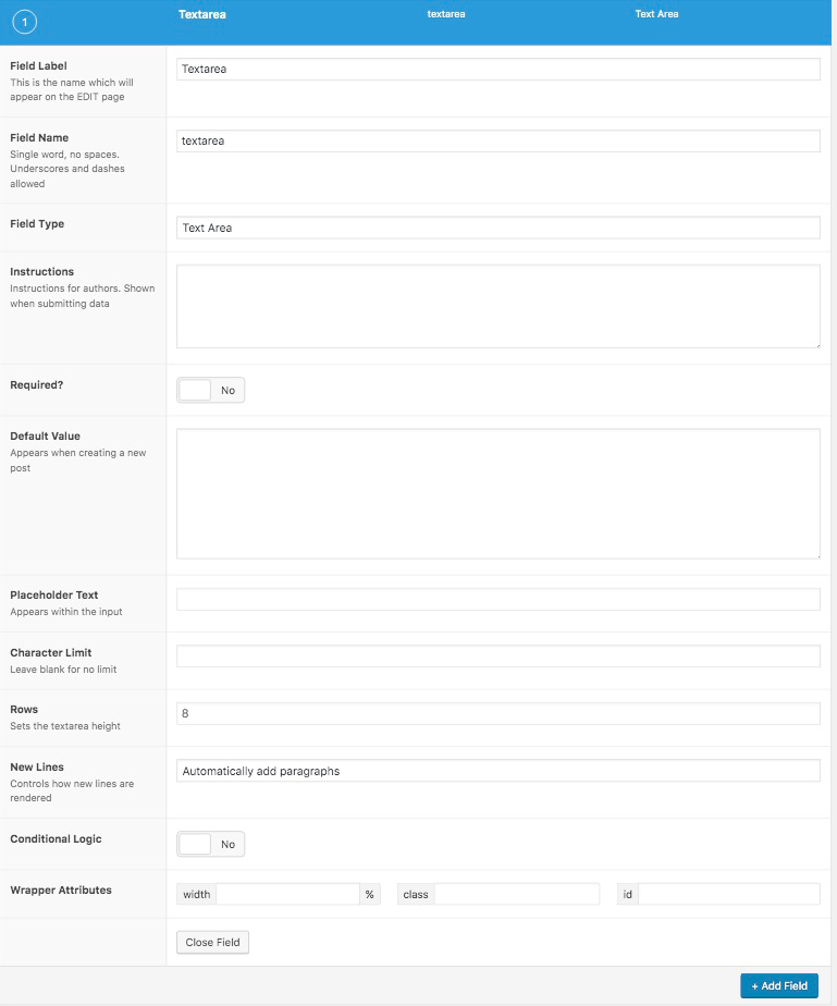 List of textarea field settings to set up a textarea field