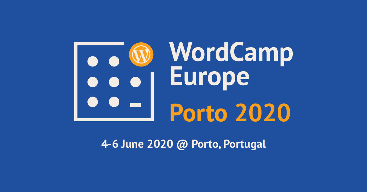 WordCamp Europe 2020 brand logo over blue background with the date and place noted in the bottom.