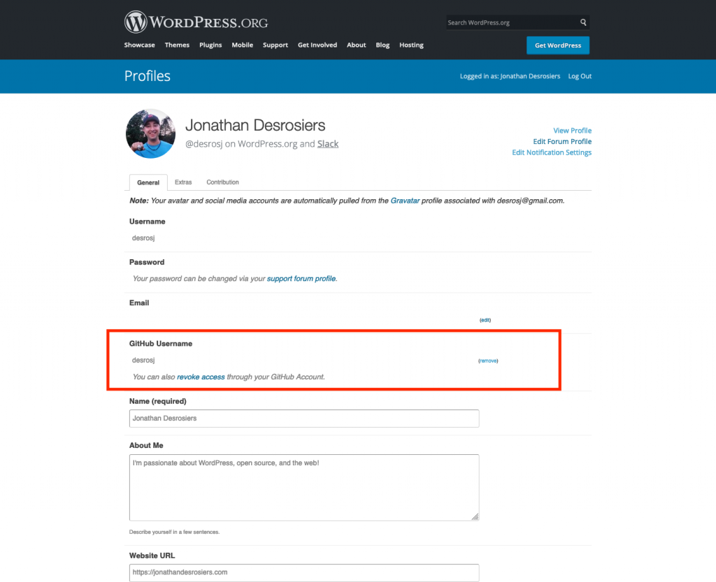 WordPress.org profile edit screen showing a linked GitHub profile.