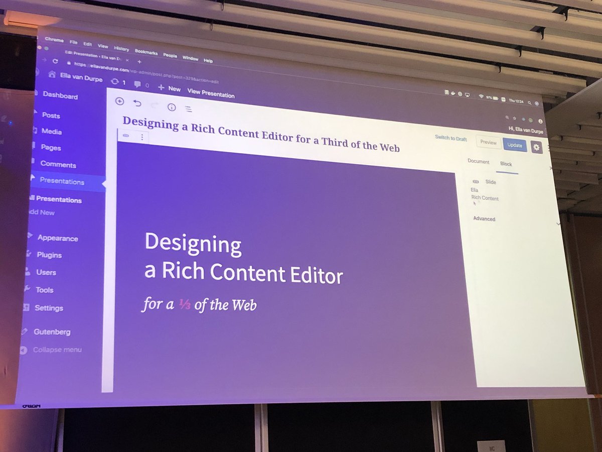 The slides of her talk are made with the Gutenberg editor