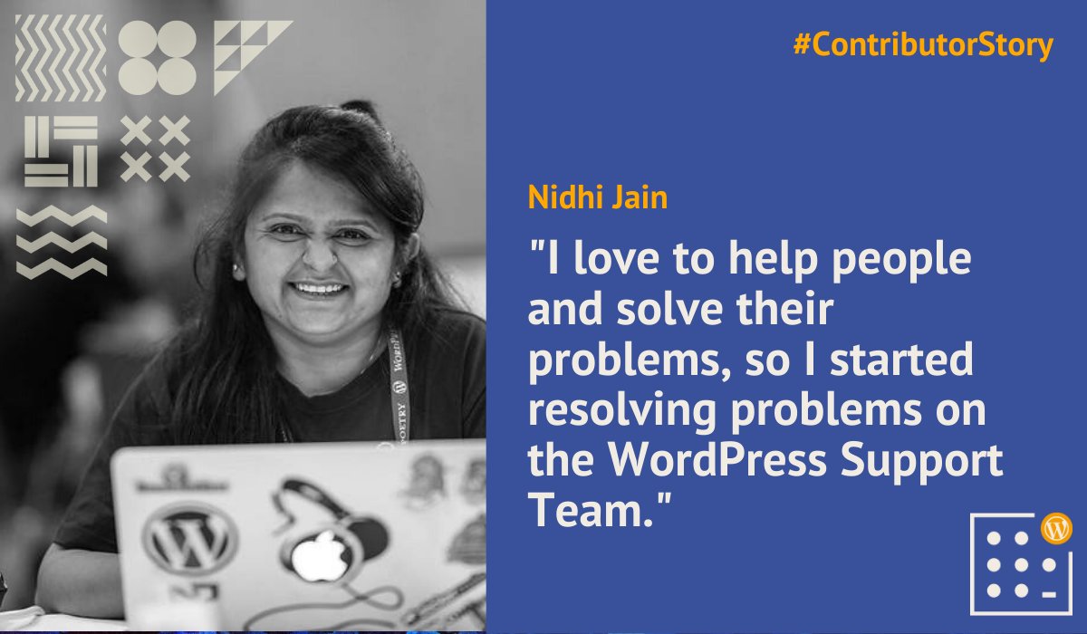 Picture of Nidhi Jain and a quote about their experience as a WordPress contributor.