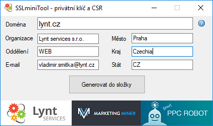 Nástroj pro generování CSR od Lynt.cz.