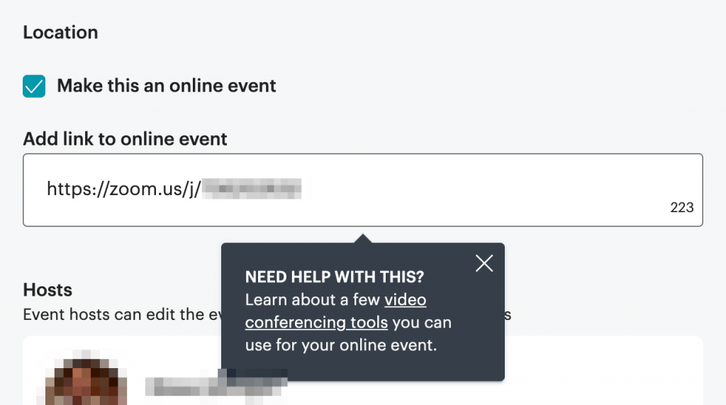 Screenshot of the online event designation feature of meetup.com.