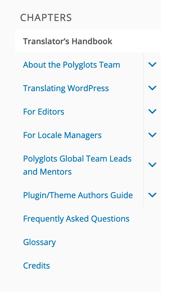 Photo of the sidebar menu in the Polyglots Handbook.