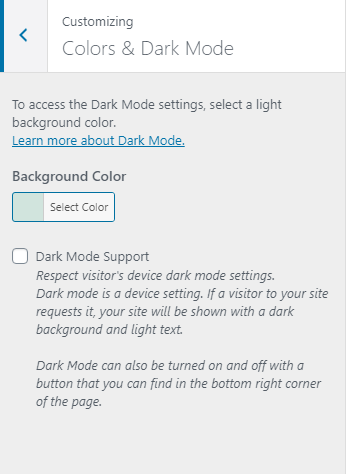 The Dark Mode option is a checkbox below the color picker for the Background Color.