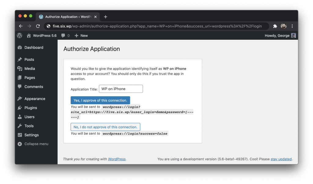 A screenshot of the new Authorize Application screen in the WP-Admin. A button is displayed to approve the connection, and one to reject the connection.