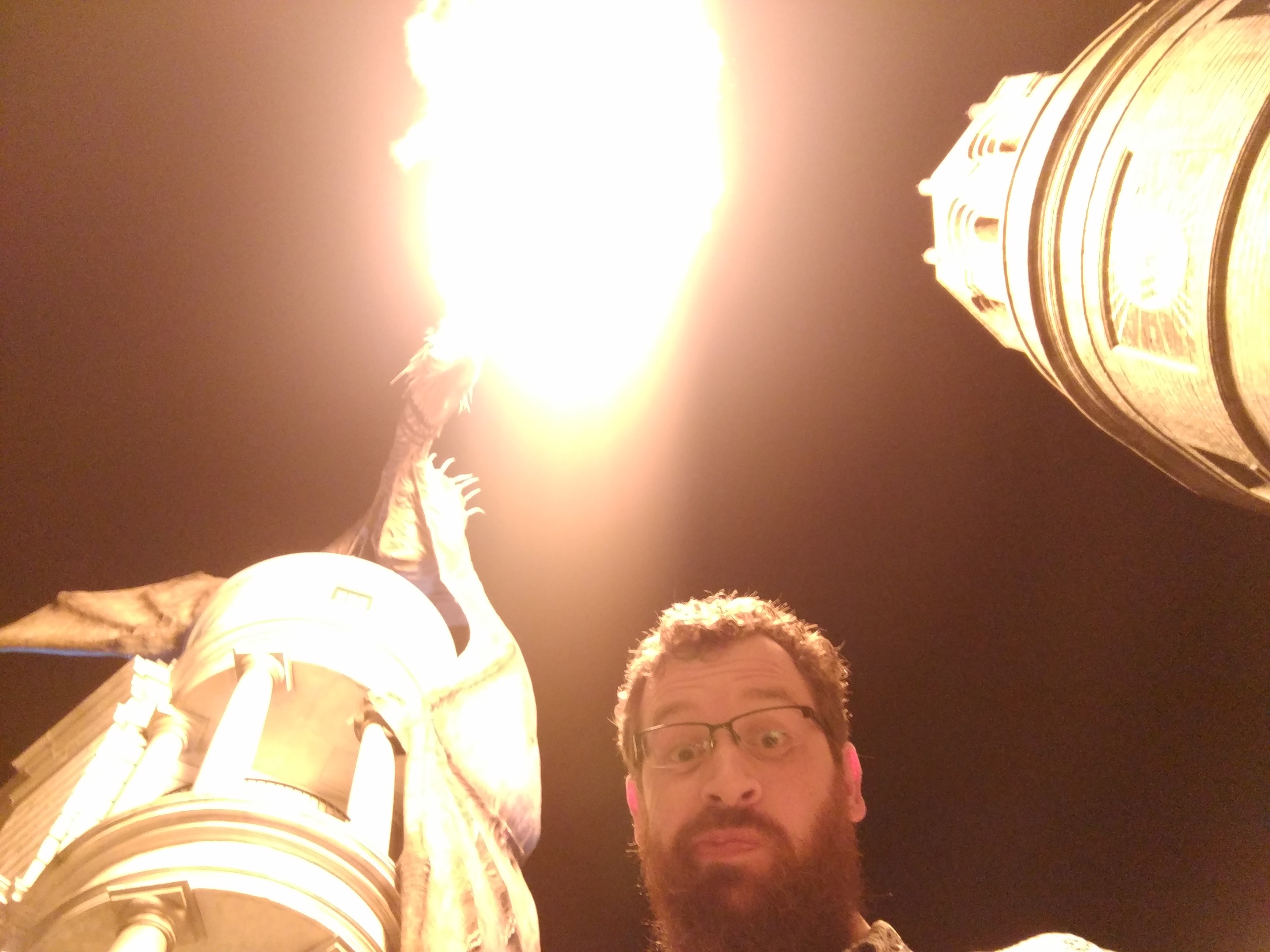 A selfie of me with a fire breathing dragon at the Harry Potter themed amusement park in Orlando, Florida.