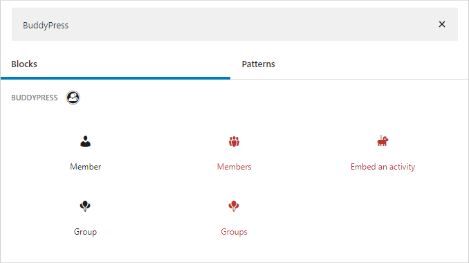 Illustration showing the BuddyPress Blocks category inside the Block Editor Inserter.