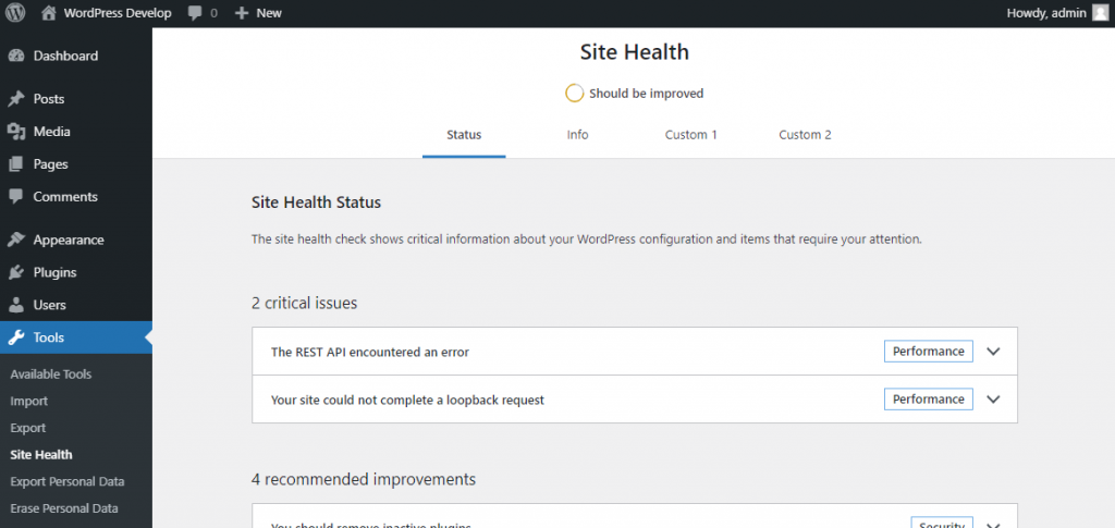 Site Health screen showing 4 navigation items