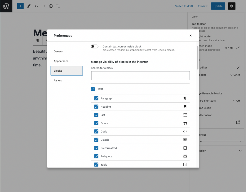 Block Manager preferences
