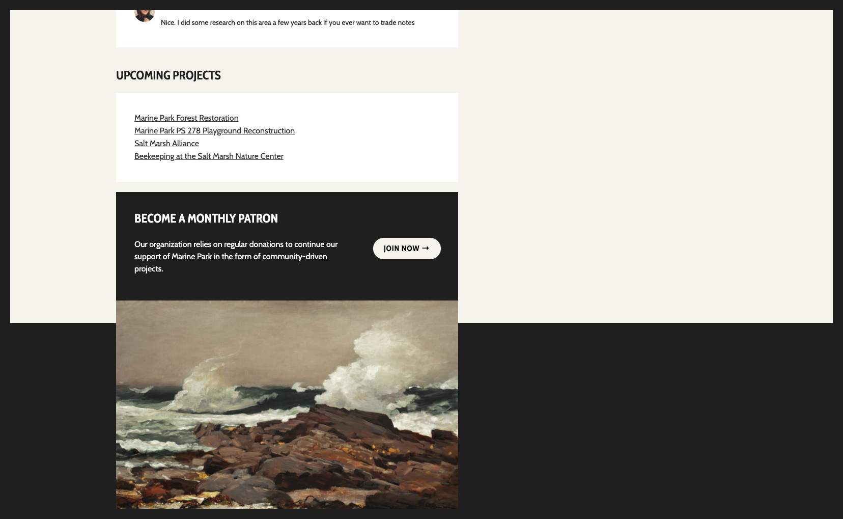 Footer widget area with a black box that reads, “Become a monthly patron” with paragraph text and a “Join now” button in a separate column. A painted image of waves hitting rocks is directly below with no space between them.