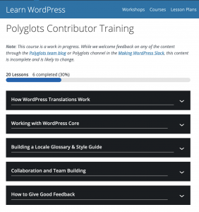 A screenshot of the Polyglots Training on learn.wordpress.org