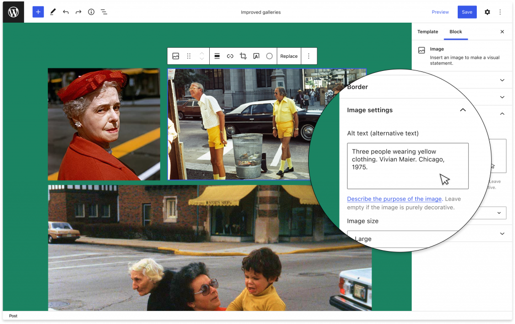 The new gallery block with an alt text field for each image within the gallery block itself.