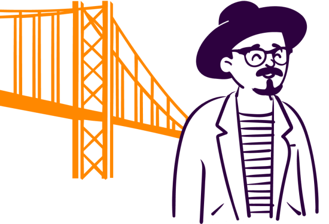 Homem com chapéu e ao fundo ponte Hercílio Luz