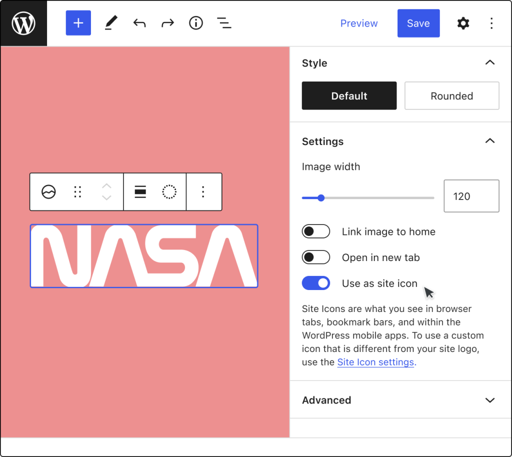 Set site icon with Site Logo settings