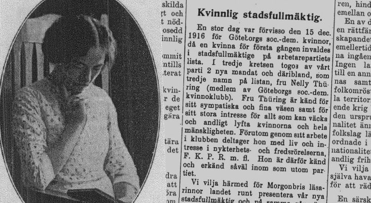 Ett svartvitt fotografi av en kvinna och en bit ur en tidning där det står Kvinnlig stadsfullmäktige.