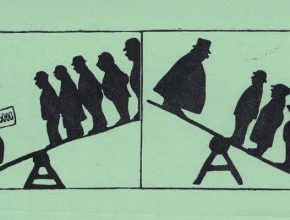 Illustration av människor på två gungbrädor. På den ena väger en man med 5000 röster mer än fler människor, på den andra väger fler människors med varsin röst tyngre än en mans röst.