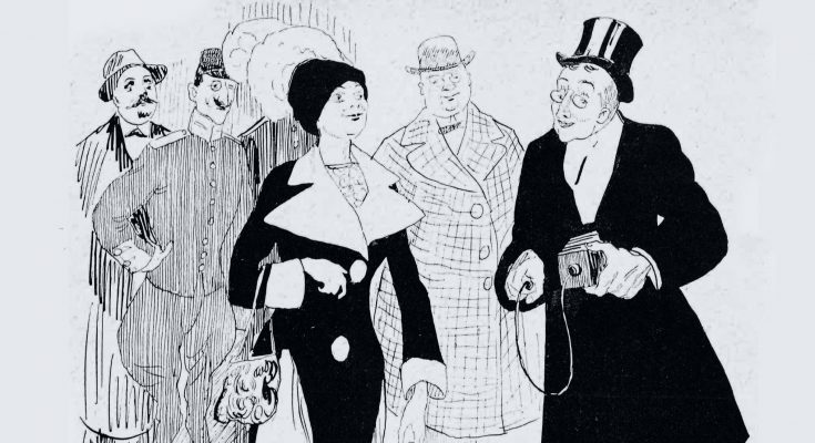 Illustration av en nöjd kvinna med byxkjol och herrar som tittar på henne.