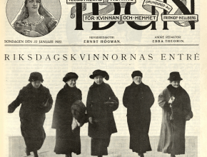 Bilden visar ett tidningsklipp med bild på de fem första kvinnorna i riksdagen.