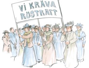 En illustration med kvinnor som håller i en skylt: Vi kräva rösträtt