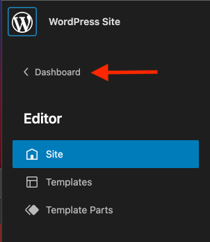 Image showing a red arrow pointing to the Dashboard option to return to the wp-admin dashboard.