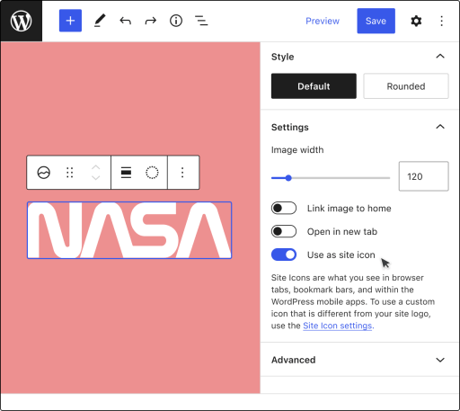 Image showing the options to set a site logo as a site icon in the settings sidebar.