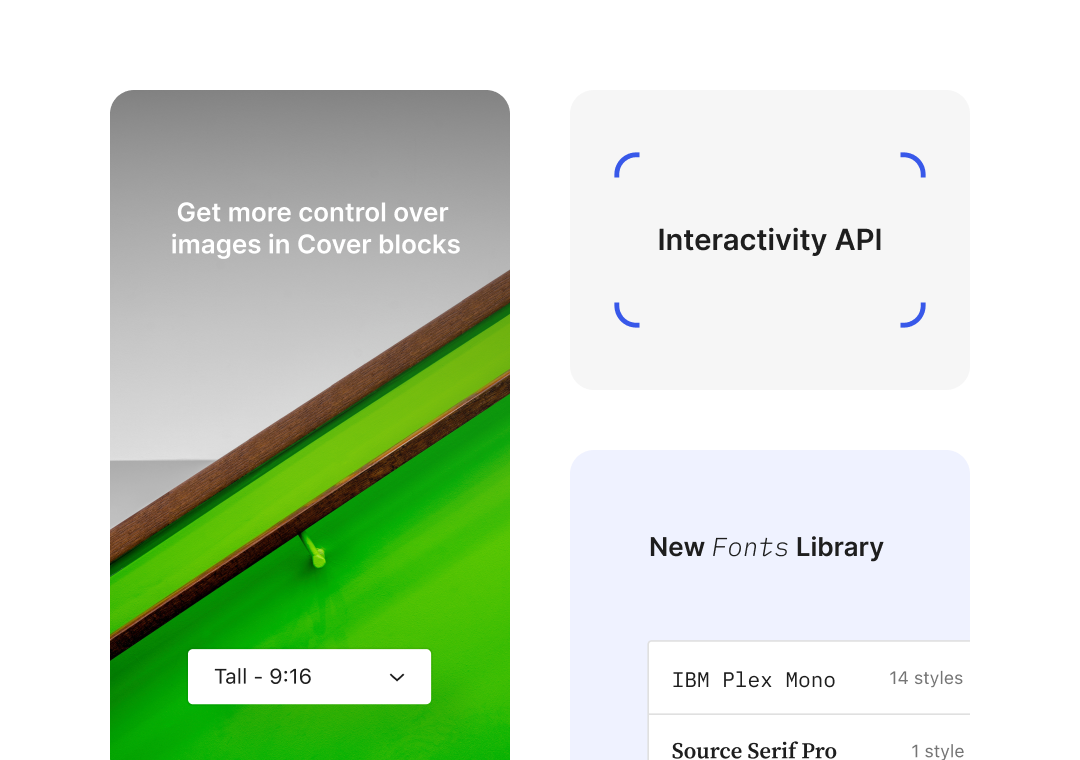 Illustration des nouvelles fonctionnalités de WordPress 6.5, comprenant la fonctionnalité de proportion de taille, l’API de gestion des interactions et la nouvelle bibliothèque de polices.