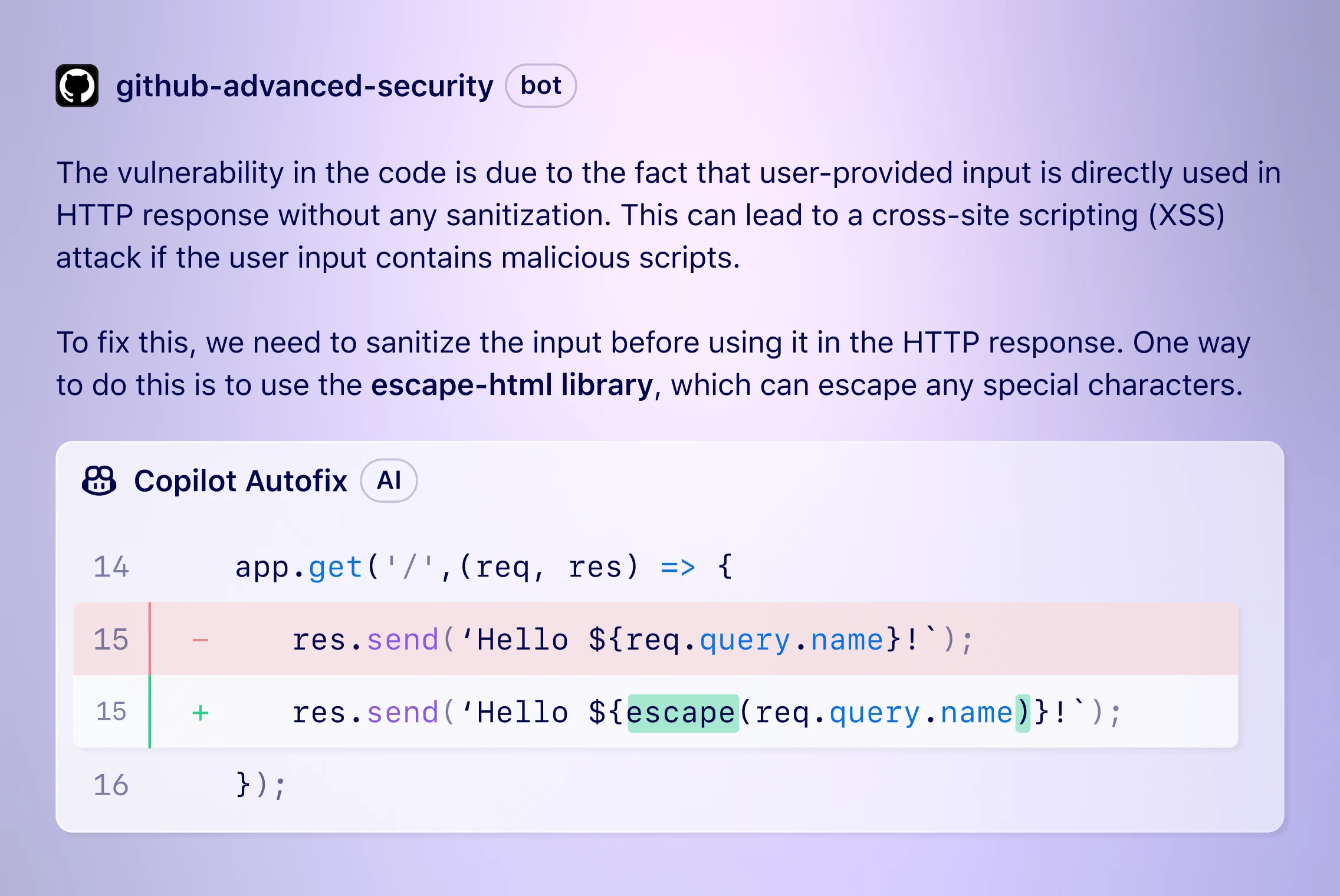 Copilot Autofix identifies vulnerable code and provides an explanation, together with a secure code suggestion to remediate the vulnerability.