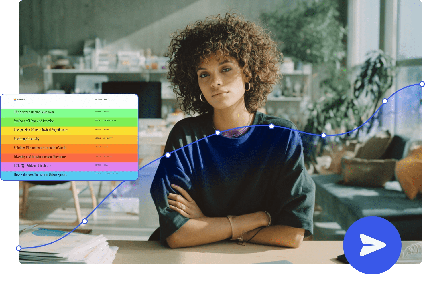 Woman sitting at a desk with a newsletter interface and growth chart overlay.